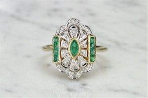 MODERN ART DECO STYLE EMERALD AND DIAMOND RING ON 9CT YELLOW AND WHITE GOLD