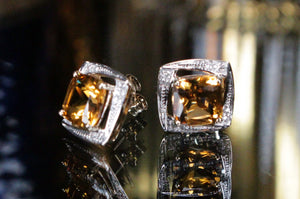 MODERN CITRINE & DIAMOND STUD EARRINGS ON 9ct YELLOW & WHITE GOLD