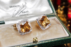 MODERN CITRINE & DIAMOND STUD EARRINGS ON 9ct YELLOW & WHITE GOLD