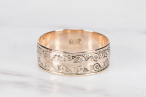 ANTIQUE EDWARDIAN c1910 ETCHED BAND RING ON 9ct YELLOW GOLD