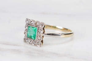 ORIGINAL ART DECO c1930 EMERALD & DIAMOND HALO RING ON 18ct YELLOW GOLD & PLATINUM