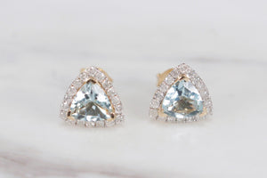 MODERN AQUAMARINE & DIAMOND EARRINGS ON 14ct YELLOW GOLD