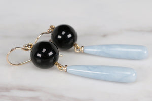 BESPOKE ONYX & PERUVIAN BLUE OPAL EARRINGS ON 9ct YELLOW GOLD