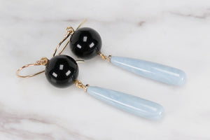 BESPOKE ONYX & PERUVIAN BLUE OPAL EARRINGS ON 9ct YELLOW GOLD