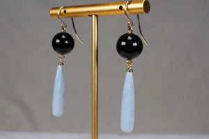 BESPOKE ONYX & PERUVIAN BLUE OPAL EARRINGS ON 9ct YELLOW GOLD