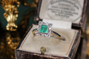 ORIGINAL ART DECO c1930 EMERALD & DIAMOND HALO RING ON 18ct YELLOW GOLD & PLATINUM