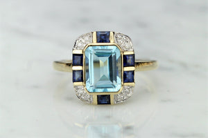 MODERN ART DECO STYLE TOPAZ, SAPPHIRE & DIAMOND RING ON 9ct YELLOW GOLD