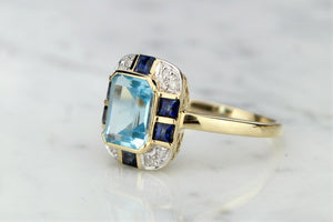 MODERN ART DECO STYLE TOPAZ, SAPPHIRE & DIAMOND RING ON 9ct YELLOW GOLD