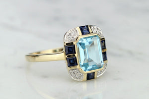 MODERN ART DECO STYLE TOPAZ, SAPPHIRE & DIAMOND RING ON 9ct YELLOW GOLD