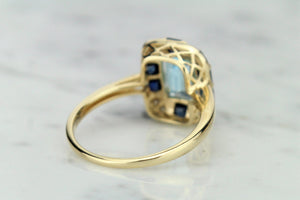 MODERN ART DECO STYLE TOPAZ, SAPPHIRE & DIAMOND RING ON 9ct YELLOW GOLD