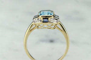 MODERN ART DECO STYLE TOPAZ, SAPPHIRE & DIAMOND RING ON 9ct YELLOW GOLD
