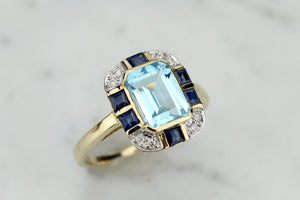 MODERN ART DECO STYLE TOPAZ, SAPPHIRE & DIAMOND RING ON 9ct YELLOW GOLD