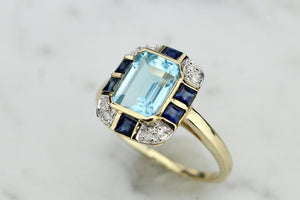 MODERN ART DECO STYLE TOPAZ, SAPPHIRE & DIAMOND RING ON 9ct YELLOW GOLD