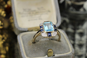 MODERN ART DECO STYLE TOPAZ, SAPPHIRE & DIAMOND RING ON 9ct YELLOW GOLD
