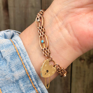 ANTIQUE EDWARDIAN SEED PEARL & TURQUOISE GATE LINK BRACELET WITH VINTAGE HEART PADLOCK ON 9ct GOLD