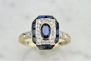 ART DECO STYLE SAPPHIRE AND DIAMOND RING ON 9ct YELLOW GOLD