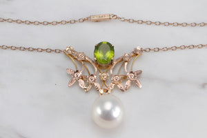 ANTIQUE EDWARDIAN PERIDOT & SALTWATER PEARL ON 9ct YELOW GOLD LAVALIERE