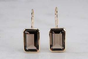 CONTEMPORARY DESIGNER SMOKY QUARTZ EARRINGS ON 9ct YELLOW GOLD