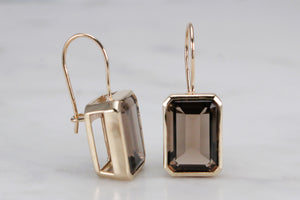 CONTEMPORARY DESIGNER SMOKY QUARTZ EARRINGS ON 9ct YELLOW GOLD