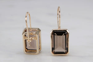 CONTEMPORARY DESIGNER SMOKY QUARTZ EARRINGS ON 9ct YELLOW GOLD