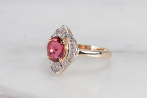 MODERN PINK TOURMALINE & DIAMOND HALO RING ON 14CT YELLOW & WHITE GOLD