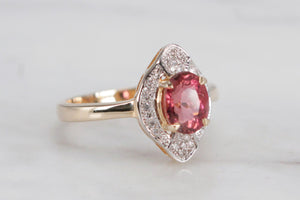 MODERN PINK TOURMALINE & DIAMOND HALO RING ON 14CT YELLOW & WHITE GOLD