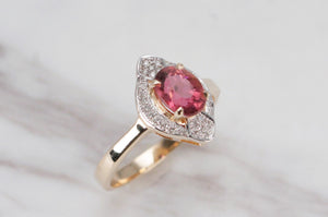 MODERN PINK TOURMALINE & DIAMOND HALO RING ON 14CT YELLOW & WHITE GOLD