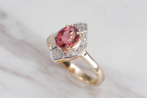 MODERN PINK TOURMALINE & DIAMOND HALO RING ON 14CT YELLOW & WHITE GOLD