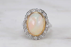 MODERN SOLID WHITE OPAL & DIAMOND HALO RING ON 9ct WHITE GOLD