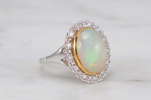 MODERN SOLID WHITE OPAL & DIAMOND HALO RING ON 9ct WHITE GOLD