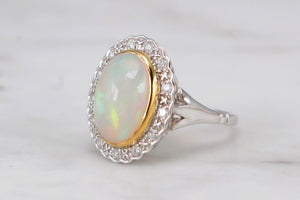 MODERN SOLID WHITE OPAL & DIAMOND HALO RING ON 9ct WHITE GOLD