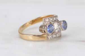 ART DECO c1930 TANZANITE & DIAMOND RING ON 18ct YELLOW & WHITE GOLD