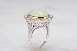 MODERN SOLID WHITE OPAL & DIAMOND HALO RING ON 9ct WHITE GOLD