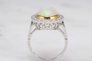 MODERN SOLID WHITE OPAL & DIAMOND HALO RING ON 9ct WHITE GOLD