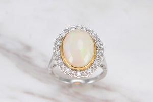 MODERN SOLID WHITE OPAL & DIAMOND HALO RING ON 9ct WHITE GOLD