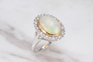 MODERN SOLID WHITE OPAL & DIAMOND HALO RING ON 9ct WHITE GOLD