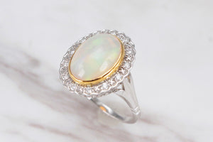 MODERN SOLID WHITE OPAL & DIAMOND HALO RING ON 9ct WHITE GOLD