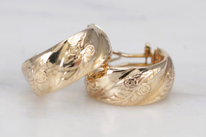 MODERN FLORAL ETCHED HOOP EARRINGS ON 9ct YELLOW GOLD