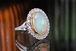 MODERN SOLID WHITE OPAL & DIAMOND HALO RING ON 9ct WHITE GOLD