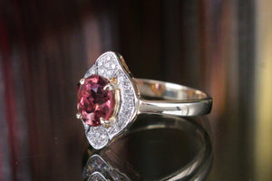 MODERN PINK TOURMALINE & DIAMOND HALO RING ON 14CT YELLOW & WHITE GOLD