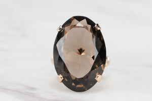 VINTAGE MID CENTURY c1960 20.5ct SMOKY QUARTZ COCKTAIL RING ON 18ct YELLOW GOLD