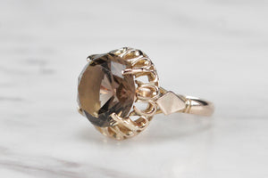 VINTAGE MID CENTURY 7ct SMOKY QUARTZ COCKTAIL RING ON 14ct YELLOW GOLD