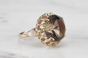 VINTAGE MID CENTURY 7ct SMOKY QUARTZ COCKTAIL RING ON 14ct YELLOW GOLD