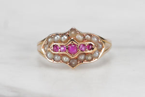 ANTIQUE VICTORIAN PINK SAPPHIRE & SEED PEARL RING ON 15ct YELLOW GOLD