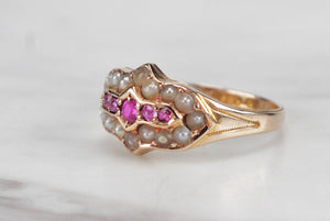 ANTIQUE VICTORIAN PINK SAPPHIRE & SEED PEARL RING ON 15ct YELLOW GOLD