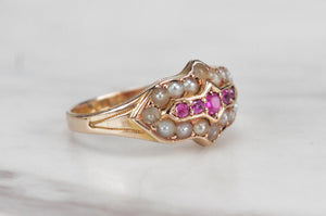 ANTIQUE VICTORIAN PINK SAPPHIRE & SEED PEARL RING ON 15ct YELLOW GOLD