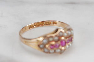 ANTIQUE VICTORIAN PINK SAPPHIRE & SEED PEARL RING ON 15ct YELLOW GOLD