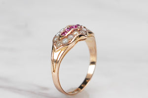 ANTIQUE VICTORIAN PINK SAPPHIRE & SEED PEARL RING ON 15ct YELLOW GOLD