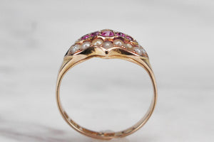 ANTIQUE VICTORIAN PINK SAPPHIRE & SEED PEARL RING ON 15ct YELLOW GOLD