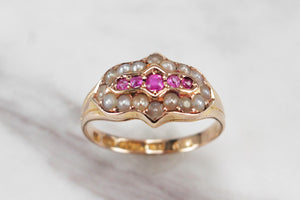 ANTIQUE VICTORIAN PINK SAPPHIRE & SEED PEARL RING ON 15ct YELLOW GOLD